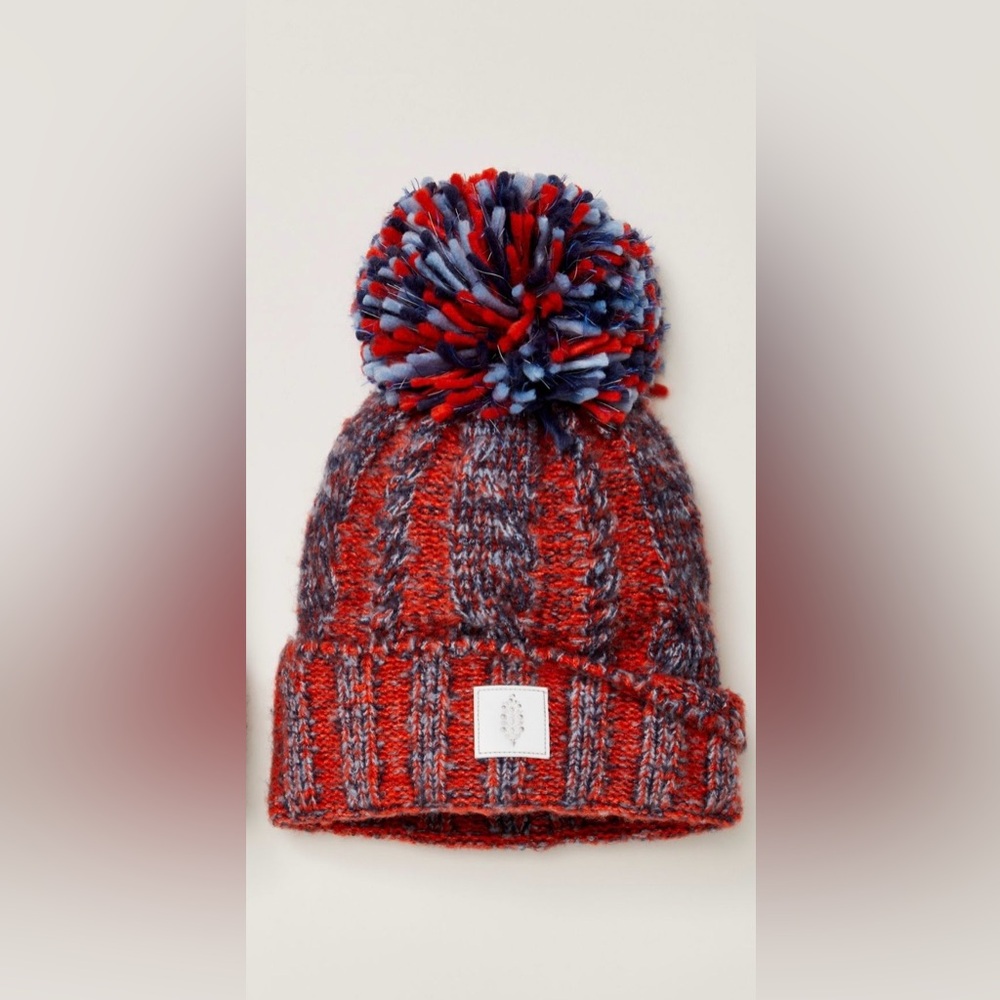 NEW Free People Movement Pom Party Reflective Beanie in Red Blue Combo Hat